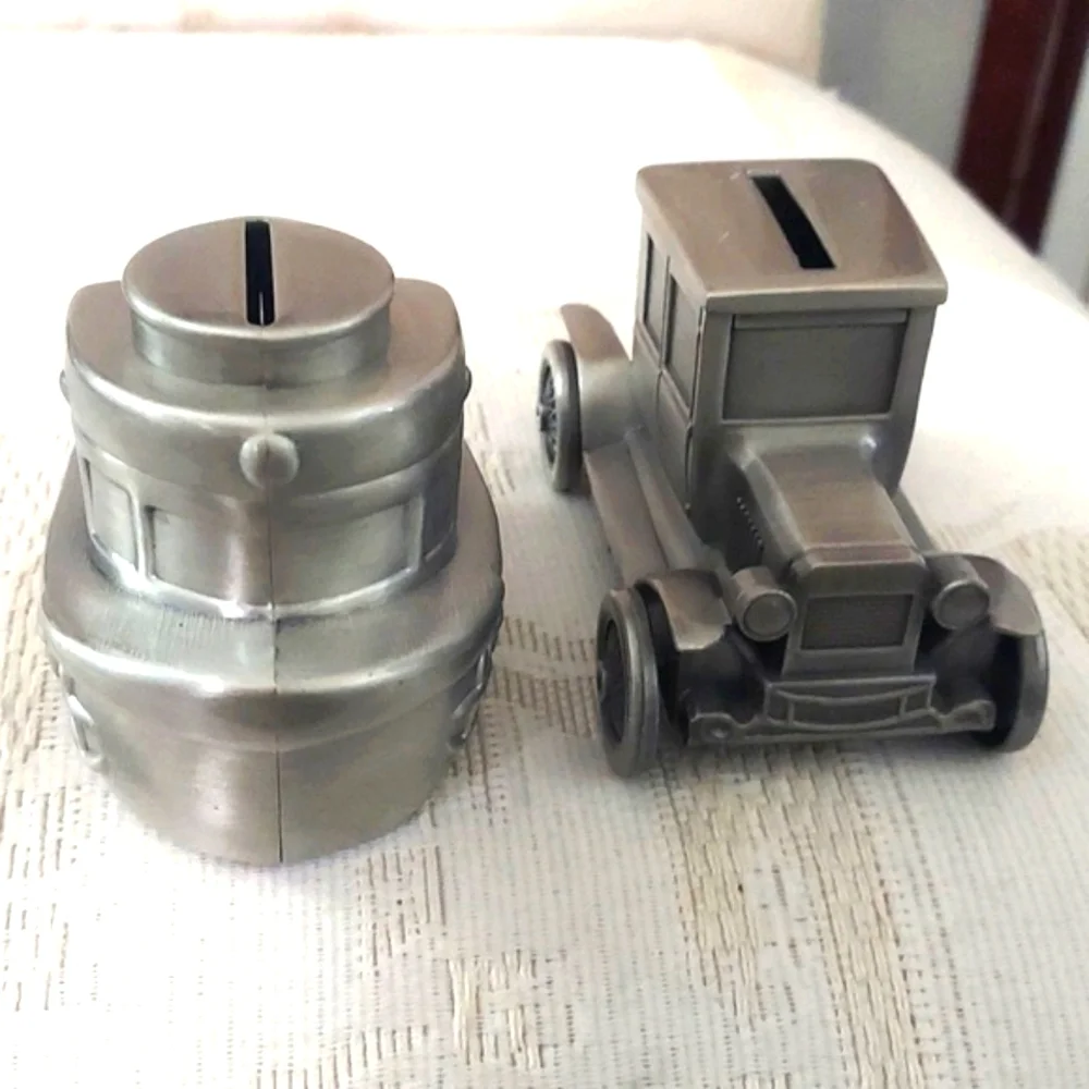 Vintage Ford Model T Coupe Truck & Tug Boat  Silver Plated Coin Piggy Banks